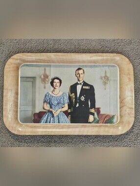 Vintage 1953 Royal Portrait Metal Tray Of Queen Elizabeth 2nd And Prince Philip